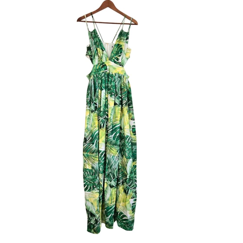 Resort Wear Coastal Chic Summer Tropical Print Maxi Dress Slit Detail Zip Back L